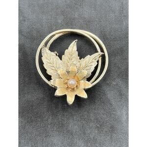 Gold Tone Brooch Pin Double Hoop Leafs Single Faux Pearl